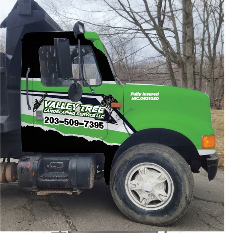 Green and black dump truck with Valley Tree Landscaping Services branding and phone number on the side